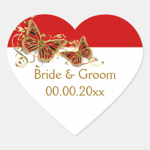 Red white gold butterfly wedding heart sticker