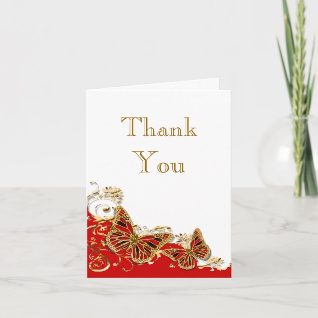 Red white gold butterfly wedding thank you card (Front)