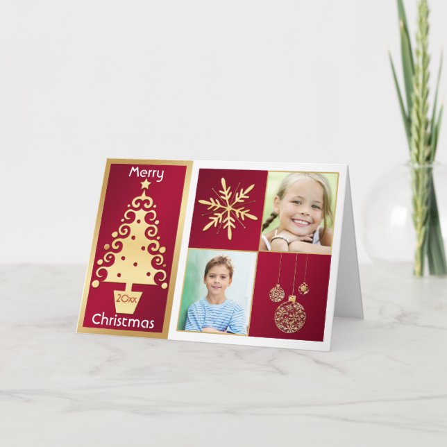 Red, White, Gold Christmas Tree Christmas Card (Front)