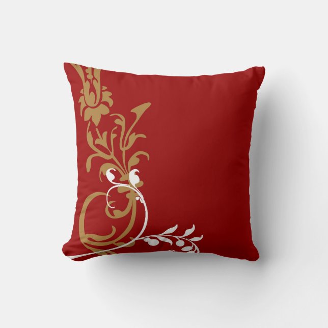 Red white gold decorative swirl pillow (Front)