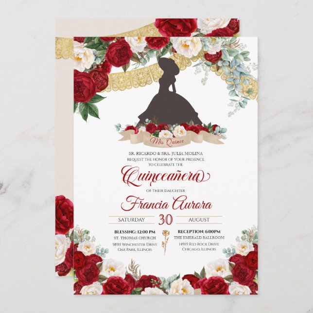 Red White Gold Elegant Floral Charro Quinceanera I Invitation (Front/Back)