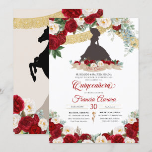 Red White Gold Elegant Floral Charro Quinceanera I Invitation