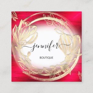 Red White Gold Floral Frame QRCode Logo Square Business Card