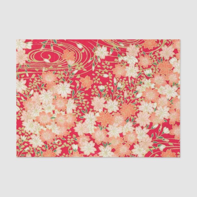 Red White Gold Japanese Kimono Floral Decoupage Tissue Paper (Front)