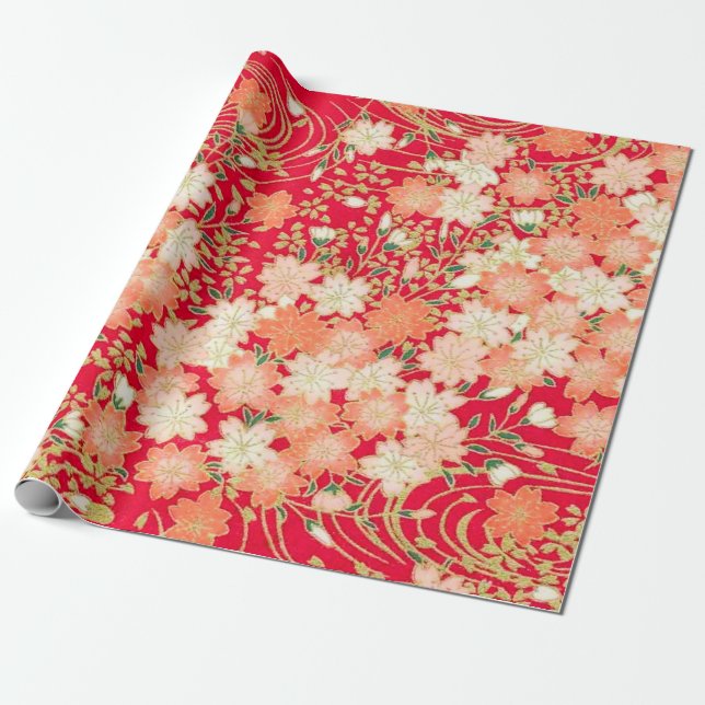 Red White Gold Japanese Kimono Floral Decoupage  Wrapping Paper (Unrolled)