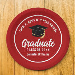 Red White Graduate Custom 2024 Graduation Party Paper Plate<br><div class="desc">This modern red and white custom graduation party paper plate features classy typography of your high school or college name for the class of 2024. Customise with your graduating year under the chic handwritten script and black grad cap for great personalised graduate decor.</div>