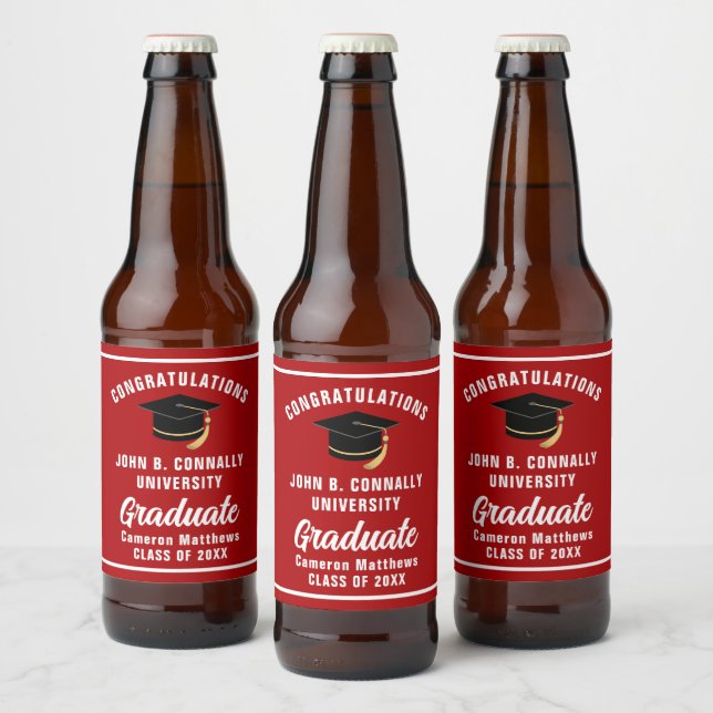 Red White Graduate Custom 2025 Graduation Party Beer Bottle Label (Bottles)