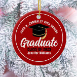 Red White Graduate Modern 2025 Custom Graduation Ceramic Tree Decoration<br><div class="desc">This modern red and white custom senior graduate Christmas ornament features your high school or college name for the class of 2025. Customise with your graduating year under the chic handwritten script and black grad cap for a great personalised graduation gift.</div>