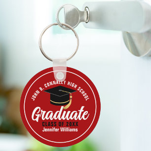Red White Graduate Modern 2025 Custom Graduation Key Ring