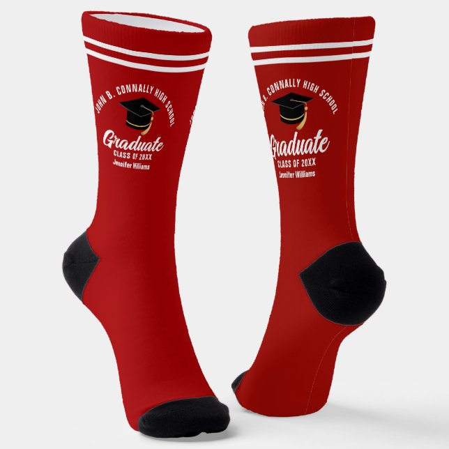 Red White Graduate Personalised Graduation Socks (Angled)
