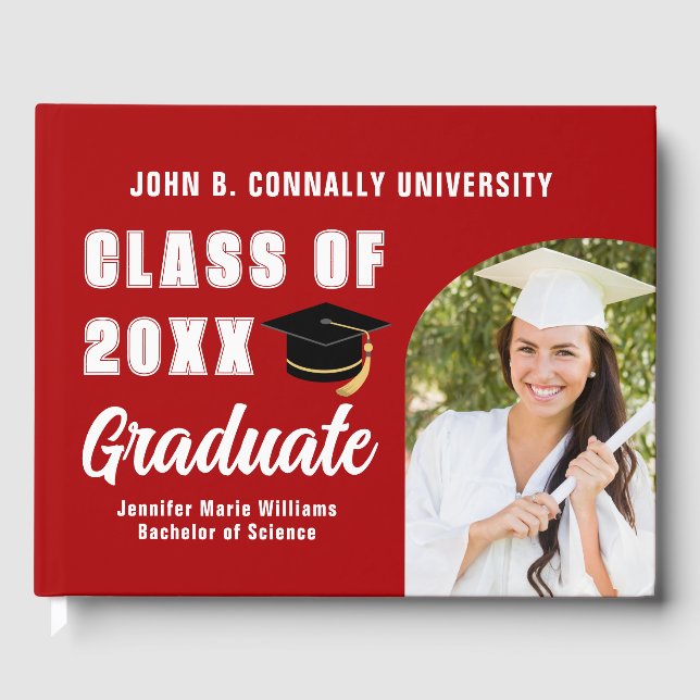 Red White Graduate Photo Custom Graduation Party Guest Book (Front)
