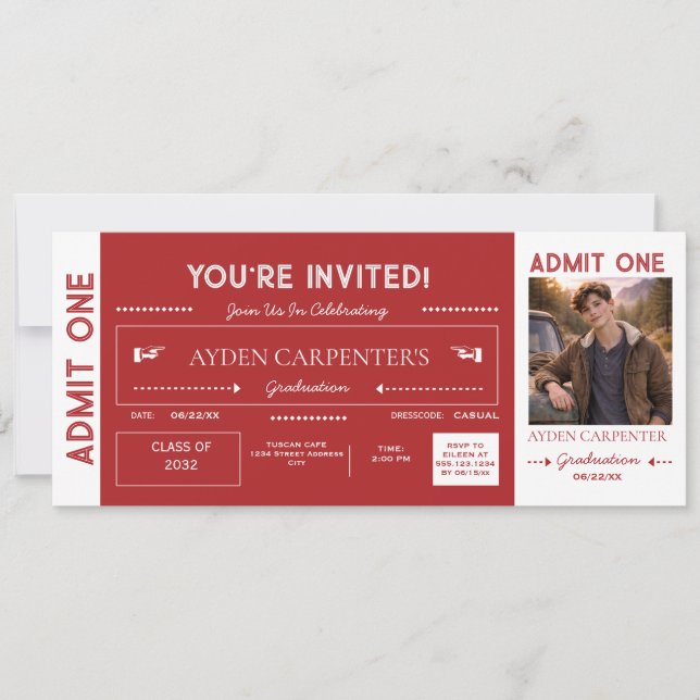 Red & White Graduation Faux Ticket |  Invitation (Front)