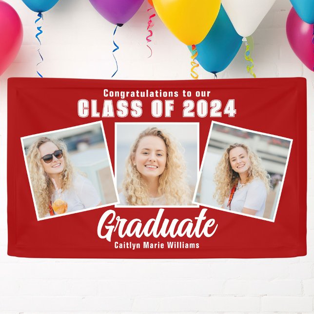 Red White Graduation Photo Collage Party Banner (Creator Uploaded)