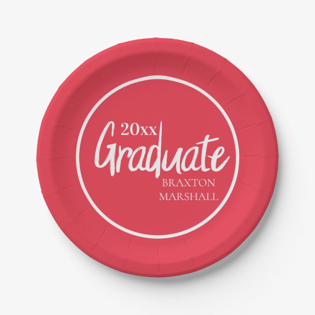 Red White Graduation Year Name Paper Plate (Front)