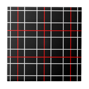 Red White Graphical Lines Black Plaid Design  Tile