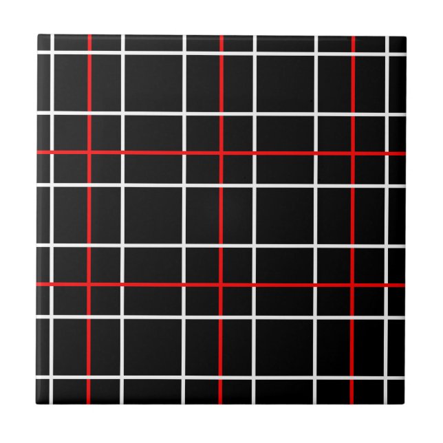 Red White Graphical Lines Black Plaid Design  Tile (Front)