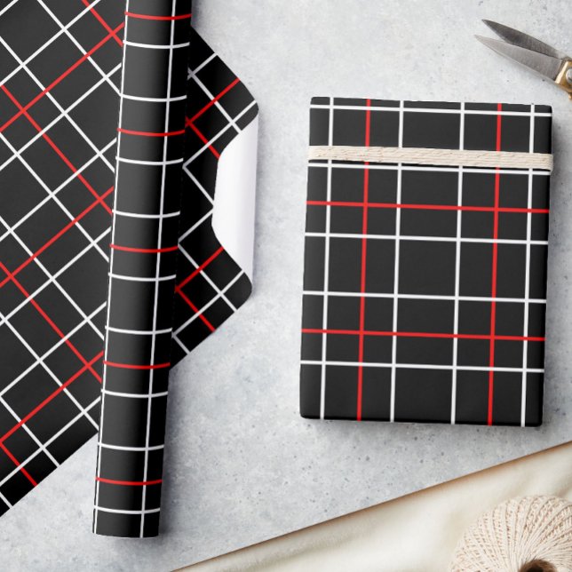 Red White Graphical Lines Black Plaid Design  Wrapping Paper (Creator Uploaded)