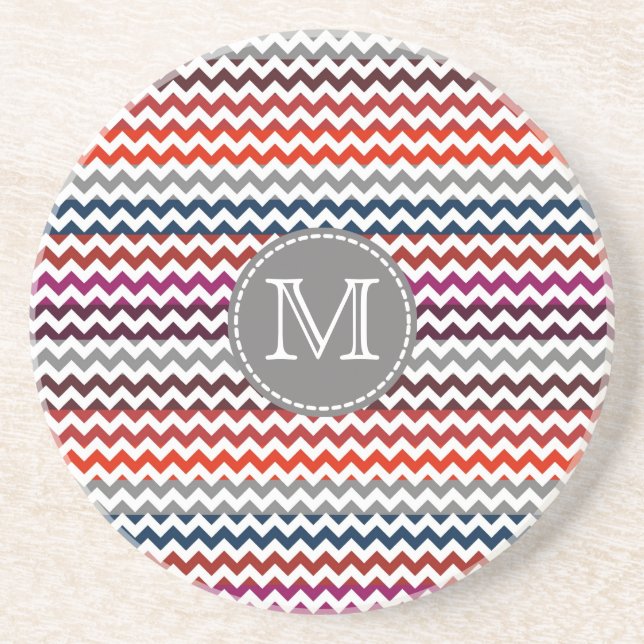 Red White Gray Chevron Zigzag Monogram Coaster (Front)