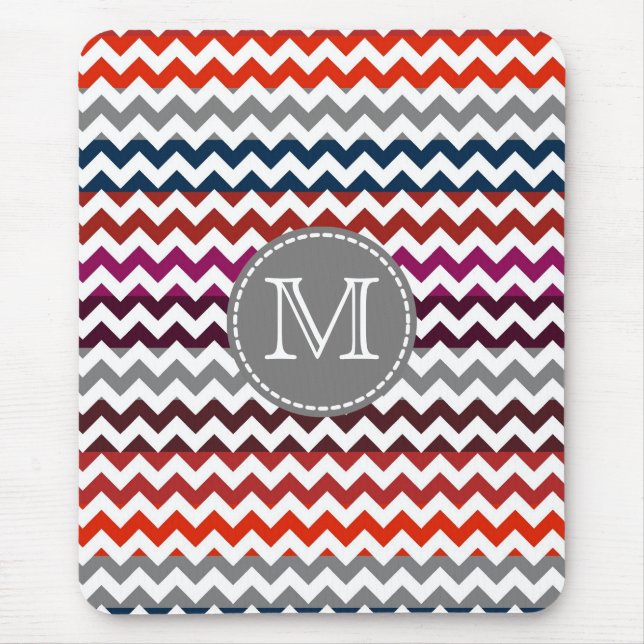Red White Gray Chevron Zigzag Monogram Mouse Mat (Front)