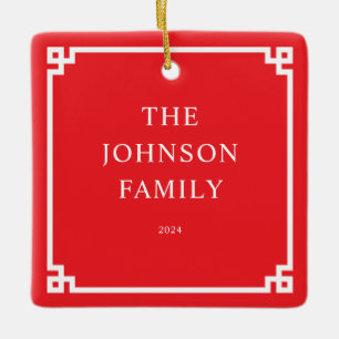 Red White Greek Key Border Family Photo Ceramic Ornament