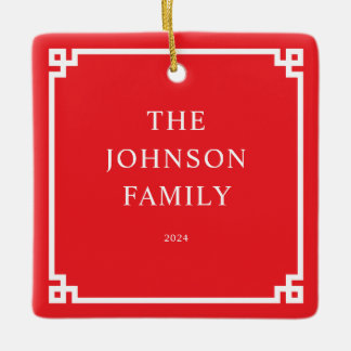 Red White Greek Key Border Family Photo Ceramic Ornament