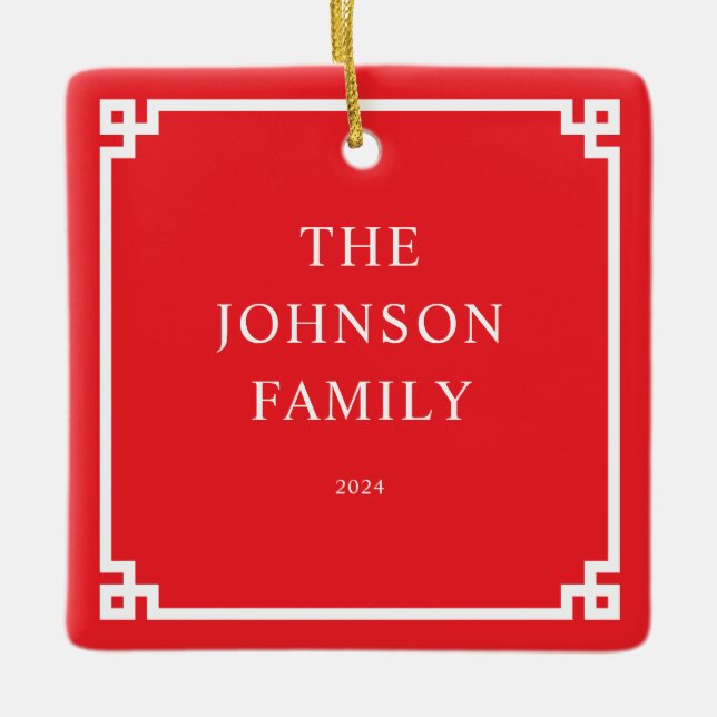 Red White Greek Key Border Family Photo Ceramic Ornament (Front)