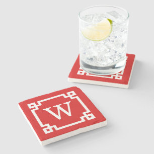 Red White Greek Key Frame #2 Initial Monogram Stone Coaster