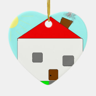 Red White Green Blue House Drawing, Art By Kids :) Ceramic Tree Decoration