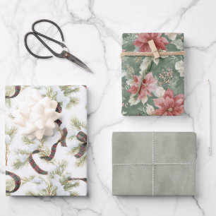 Red White Green Bows Floral Christmas Wrapping Paper Sheet