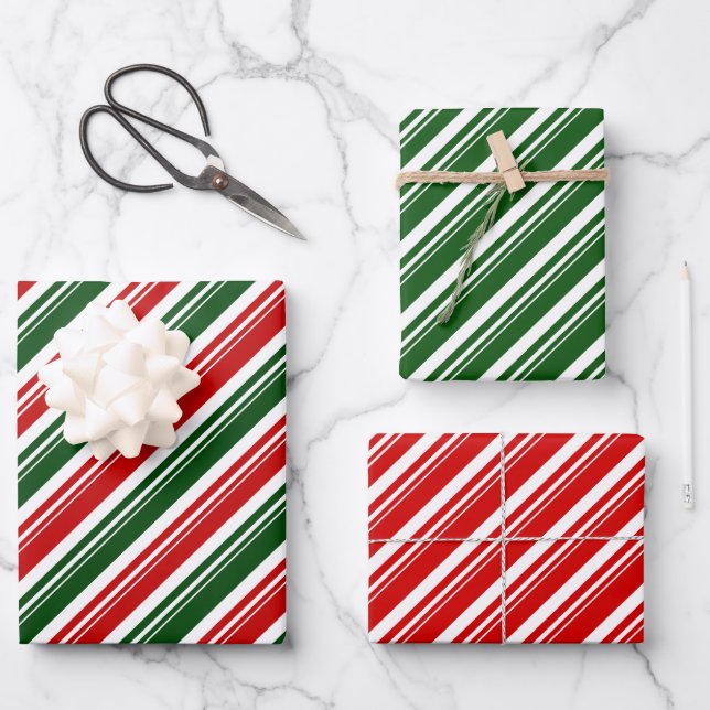 Red White Green Candy Cane Stripe Holiday Wrapping Paper Sheet (Front)