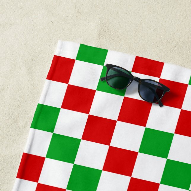 Red White Green Chequered Pattern Design  Beach Towel (In Situ)