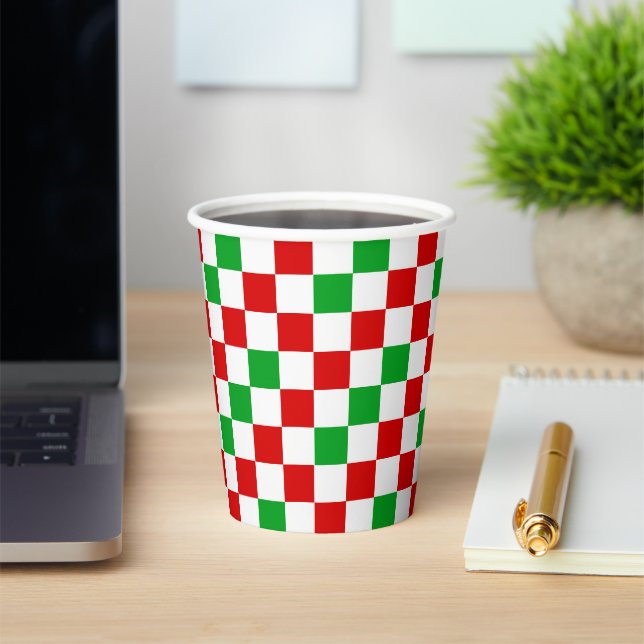 Red White Green Chequered Pattern Design  Paper Cups (Insitu)