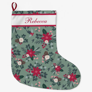 Red White Green Christmas Flowers Personalised   Large Christmas Stocking