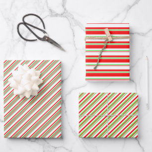 Red, White, Green Christmas-Style Stripes Patterns Wrapping Paper Sheet