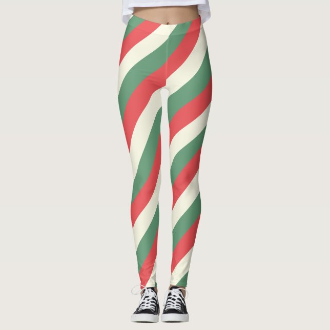 Red, White, & Green Classic Candy Cane Stripes Leggings (Front)