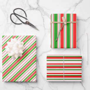 Red, White, Green Colored Christmas Style Stripes Wrapping Paper Sheet