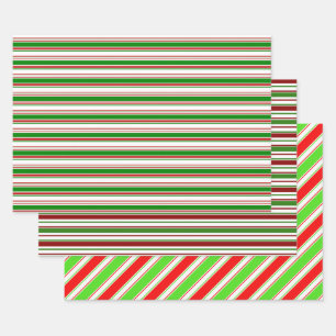 Red, White, Green Colored Christmas Style Stripes Wrapping Paper Sheet