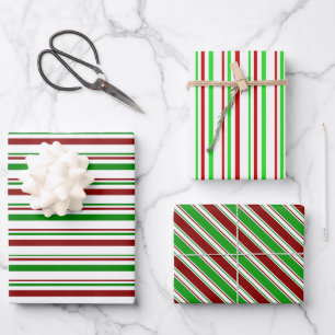 Red, White, Green Colored Christmas-Themed Lines Wrapping Paper Sheet