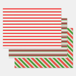 Red, White, Green Colored Christmas Themed Lines Wrapping Paper Sheet