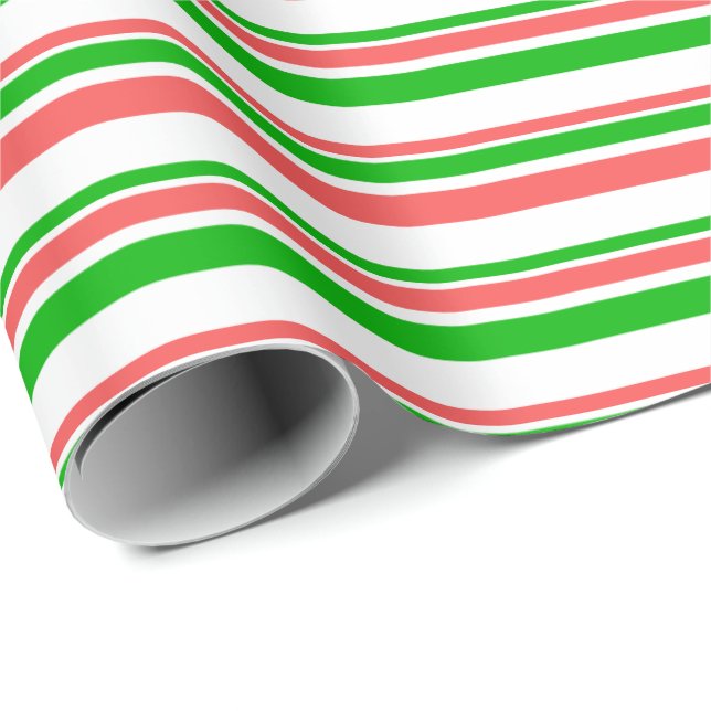 Red, White, Green Coloured Christmas-Style Stripes Wrapping Paper (Roll Corner)