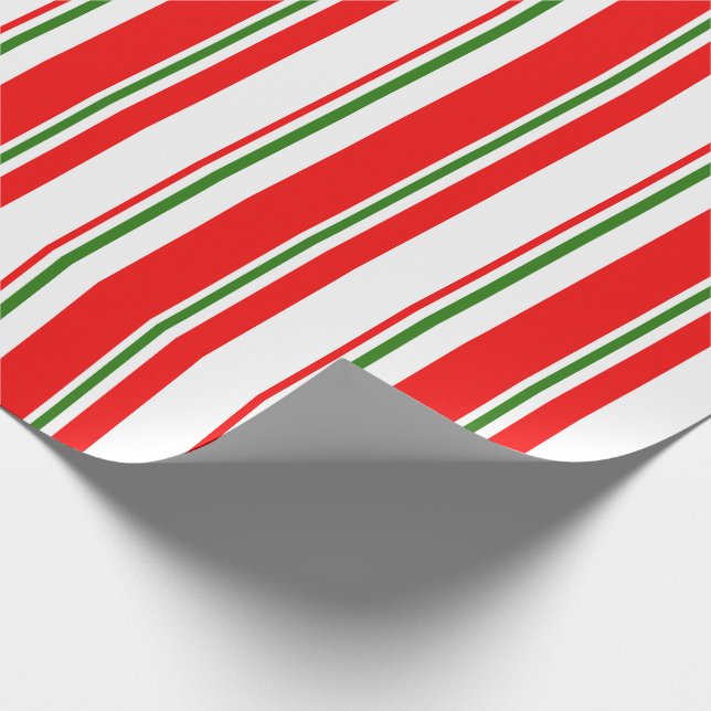 Red, White, Green Coloured Christmas Style Stripes Wrapping Paper (Corner)