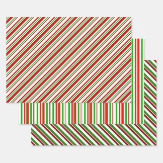 Red, White, Green Coloured Christmas Style Stripes Wrapping Paper Sheet