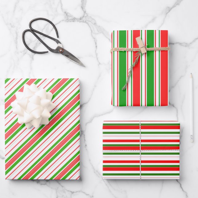 Red, White, Green Coloured Christmas Style Stripes Wrapping Paper Sheet (Front)