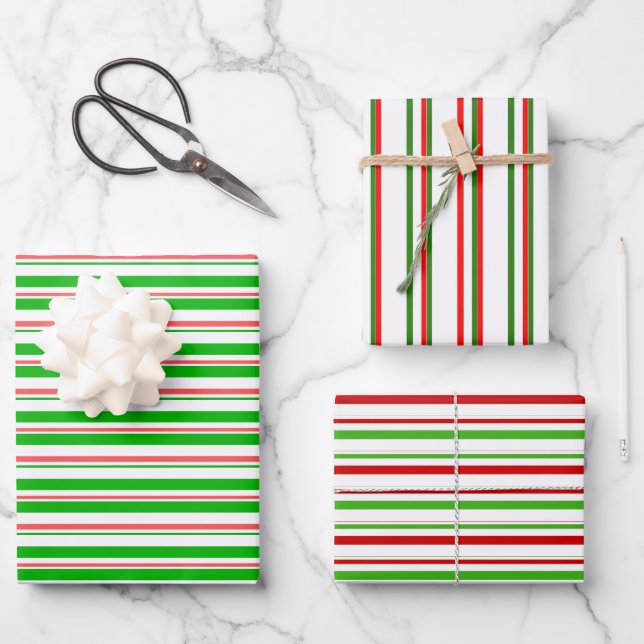 Red, White, Green Coloured Christmas Style Stripes Wrapping Paper Sheet (Front)