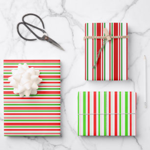Red, White, Green Coloured Christmas Style Stripes Wrapping Paper Sheet