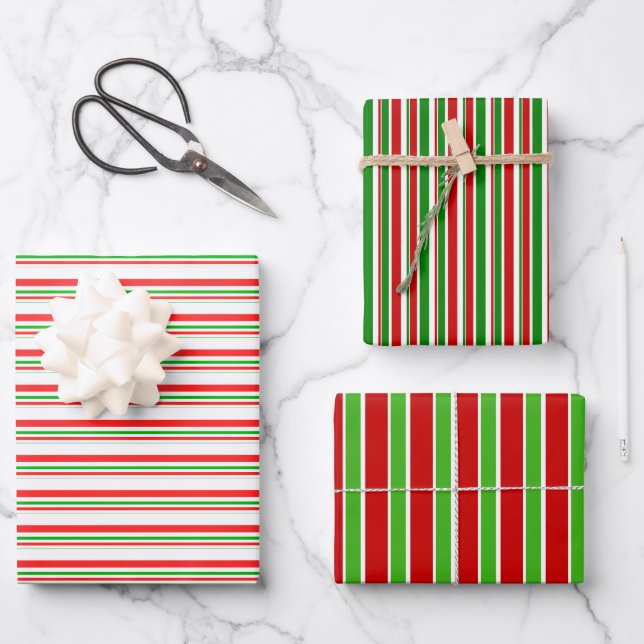 Red, White, Green Coloured Christmas-Themed Lines Wrapping Paper Sheet (Front)