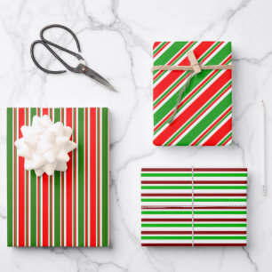 Red, White, Green Coloured Christmas Themed Lines Wrapping Paper Sheet