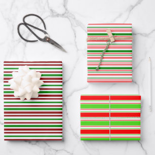 Red, White, Green Coloured Christmas-Themed Lines Wrapping Paper Sheet