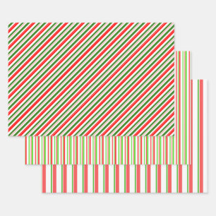 Red, White, Green Coloured Christmas Themed Lines Wrapping Paper Sheet