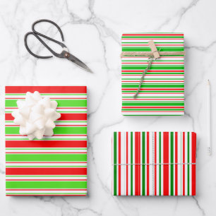 Red, White, Green Coloured Christmas Themed Lines Wrapping Paper Sheet